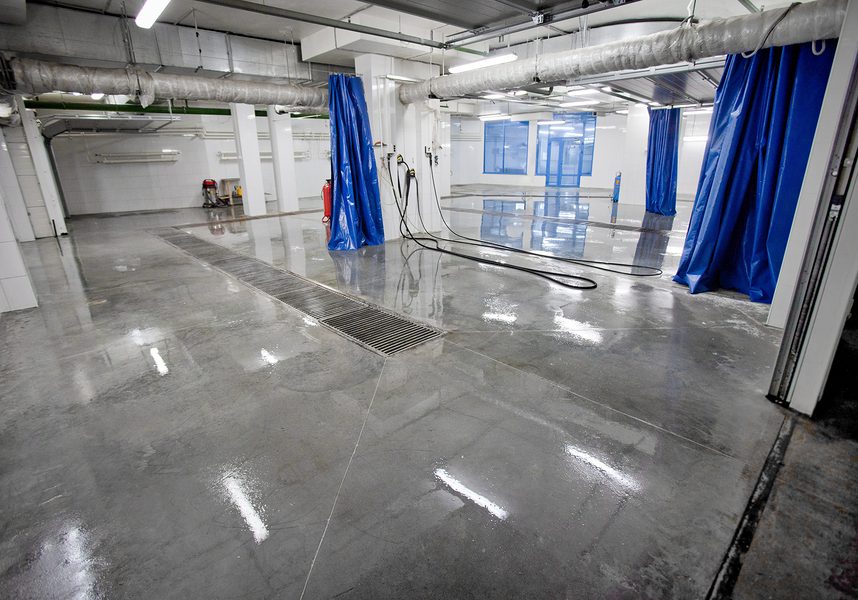 garage with epoxy flooring